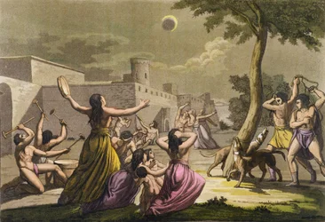 Terror Peruwiańczyków podczas zaćmienia księżyca, z „Le Costume Ancien et Moderne”, tom I, płyta 19, Jules Ferrario, wydana ok. 1820-30 (kolorowa grawerunek)